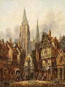 Pieter Cornelis Dommersen A gothic cathedral in a medieval city oil on canvas